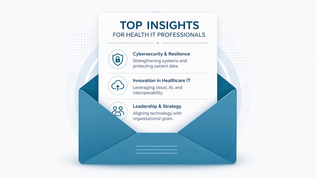 Newsletter illustration: envelope with a digest card highlighting cybersecurity, healthcare IT innovation, and leadership insights for health IT professionals.