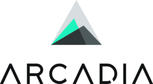 Logo for Arcadia Health - three layered triangles in gray, black, and green